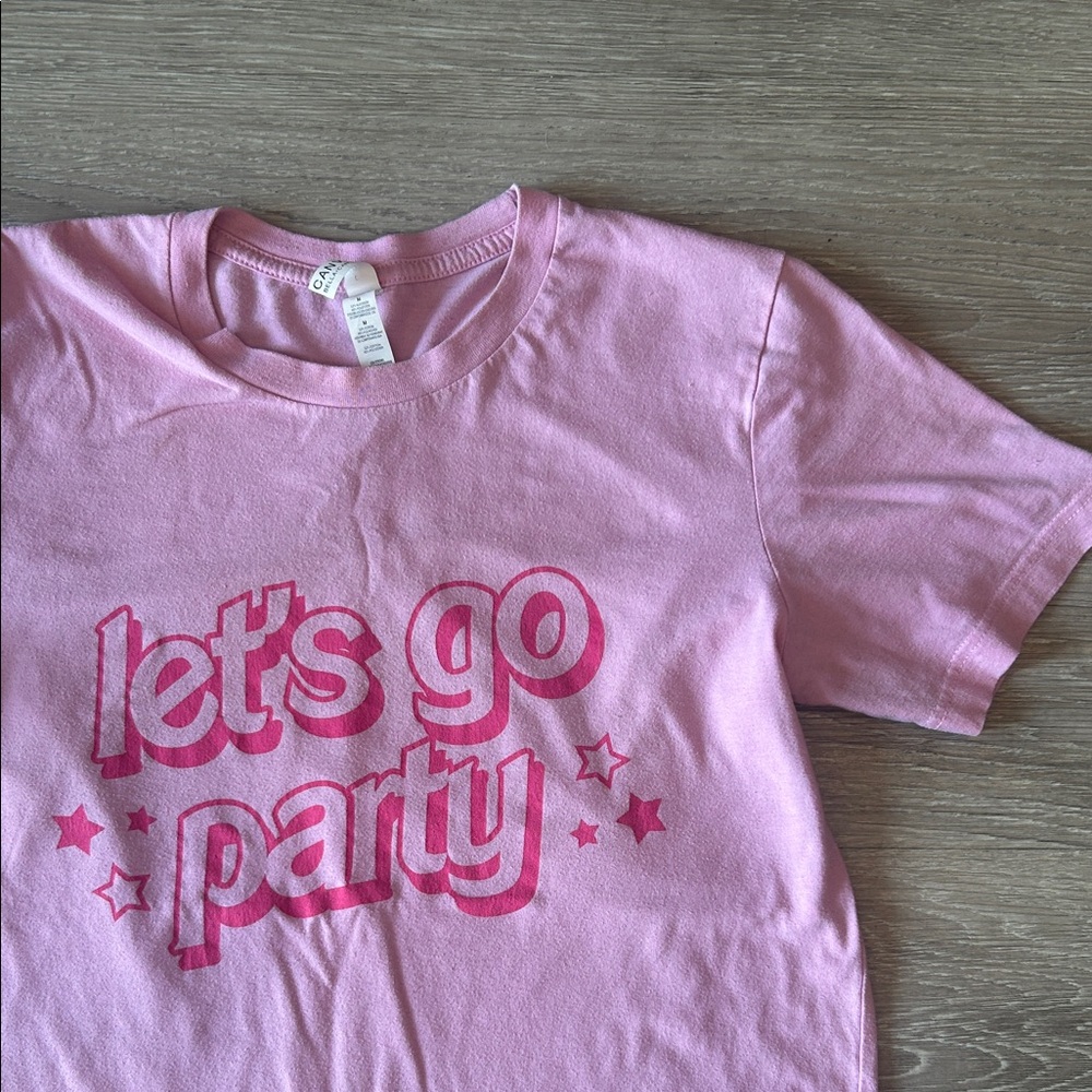 Let’s Go Party pink M short sleeve tshirt Barbie canvas + Bella stars bridal